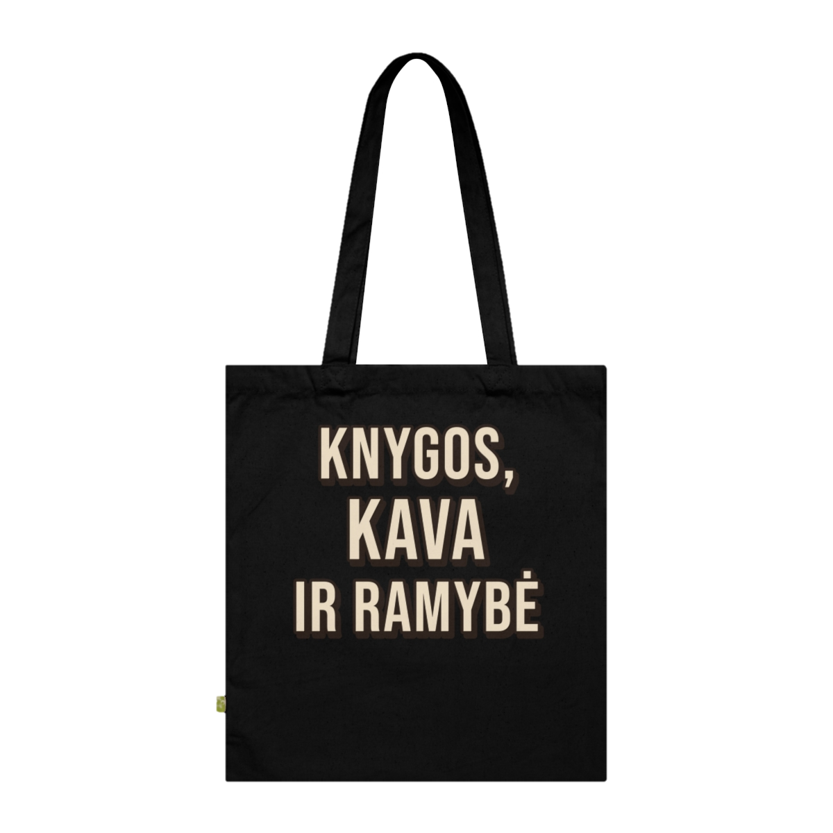 Medžiaginis krepšys „Knygos, kava ir ramybė“ – juoda