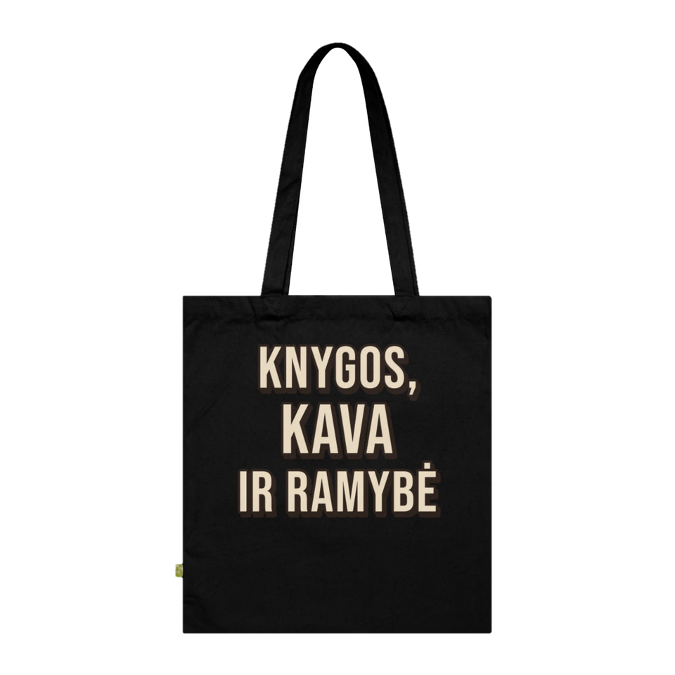 Medžiaginis krepšys „Knygos, kava ir ramybė“ – juoda