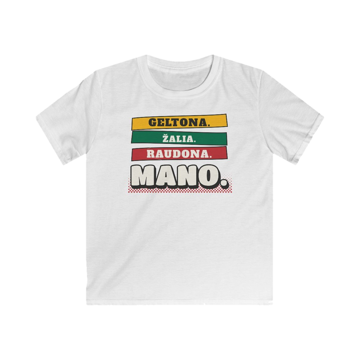 Vaikiški marškinėliai „Geltona. Žalia. Raudona. Mano.“ – balta