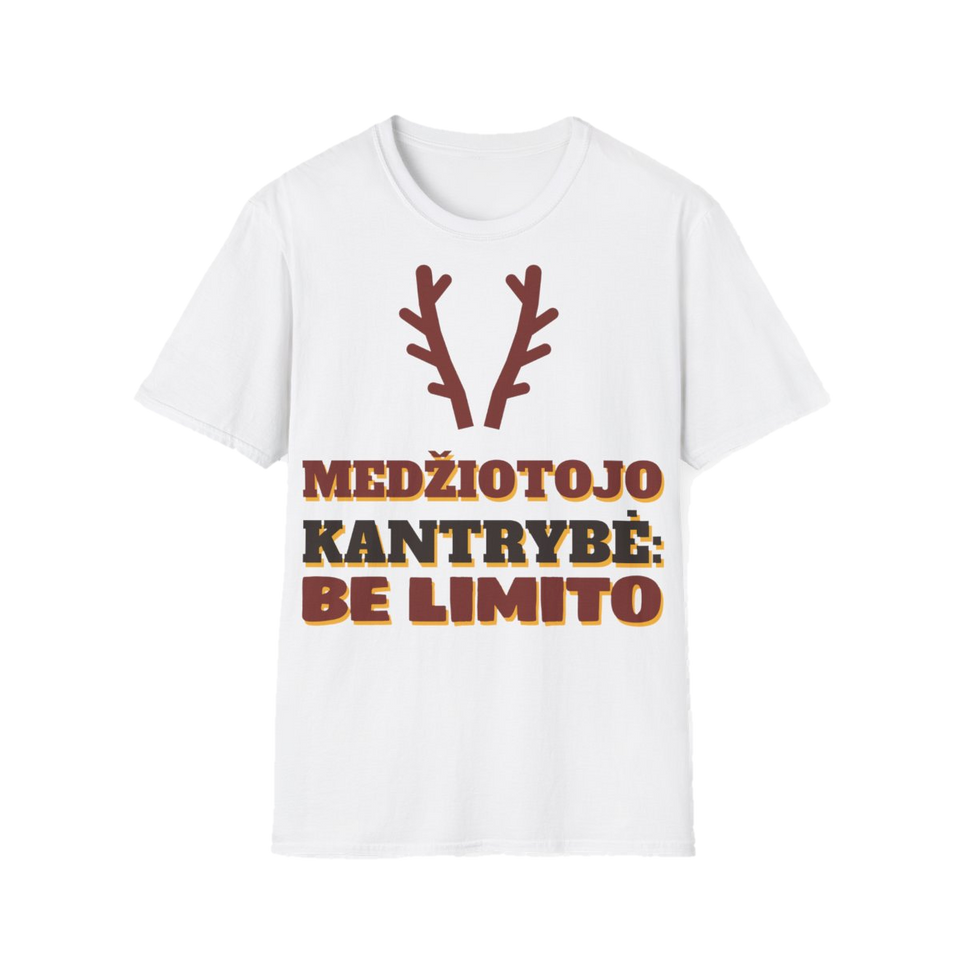Marškinėliai „Medžiotojo kantrybė: be limito“ – balta