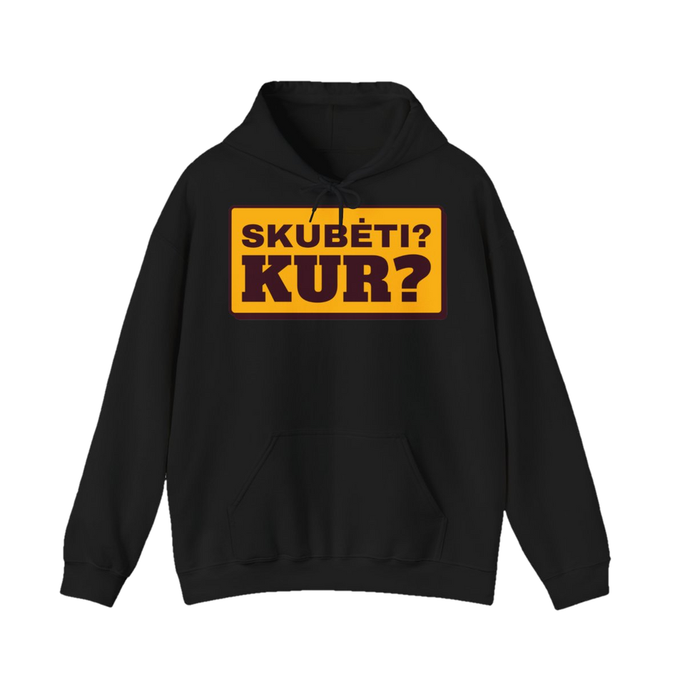 Džemperis su gobtuvu „Skubėti? Kur?“ – juoda