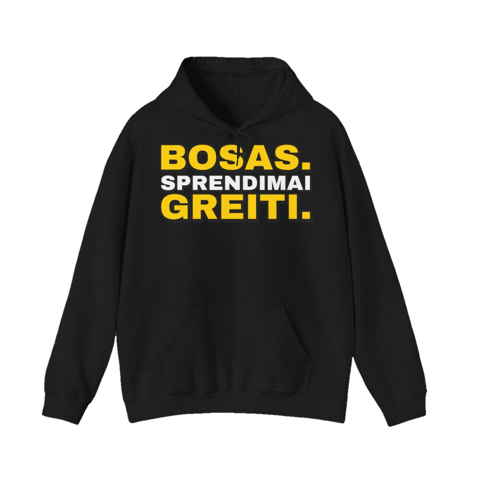 Džemperis su gobtuvu „Bosas. Sprendimai greiti.“ – juoda