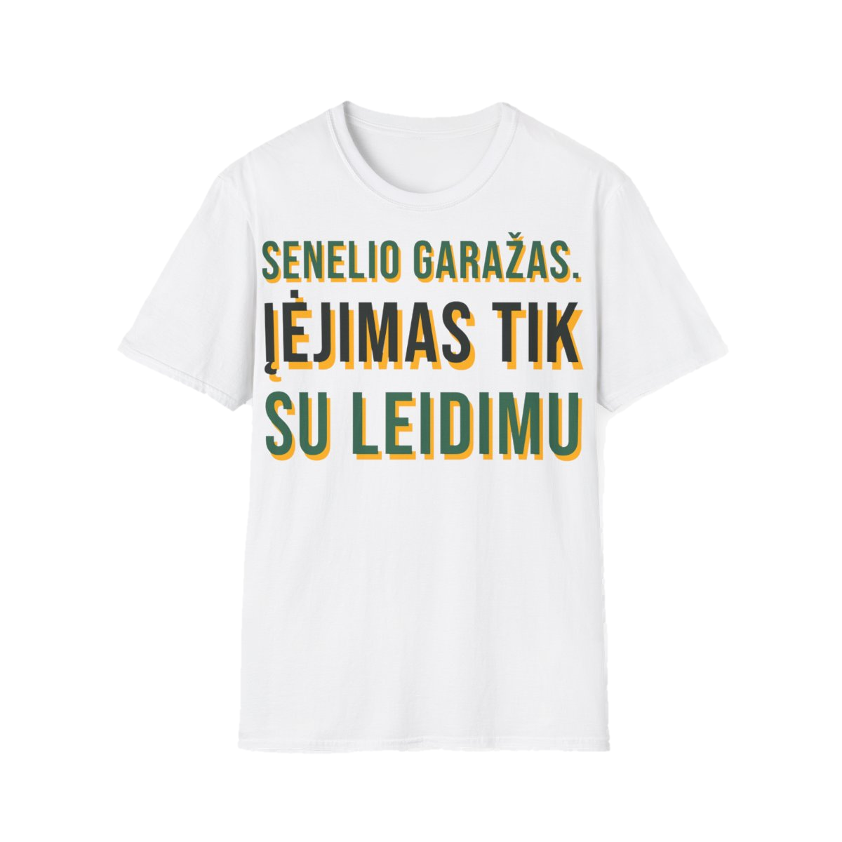 Marškinėliai „Senelio garažas. Įėjimas tik su leidimu“ – balta