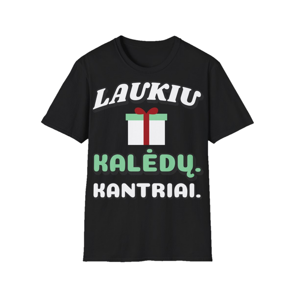 Marškinėliai „Laukiu Kalėdų. Kantriai.“ – juoda