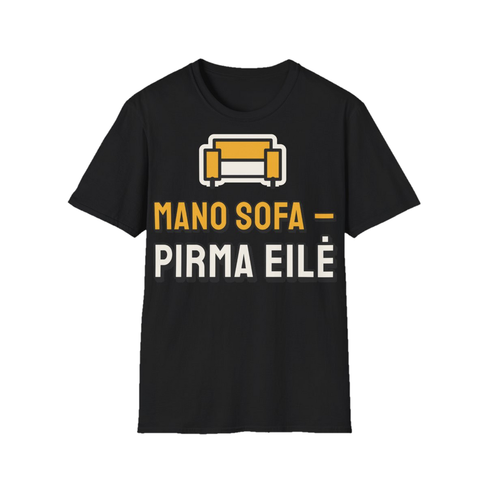 Marškinėliai „Mano sofa – pirma eilė“ – juoda