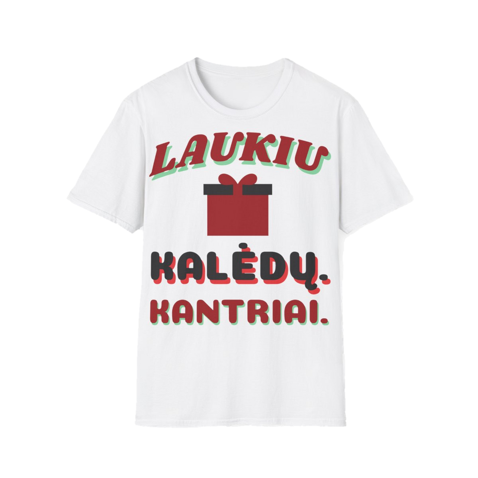 Marškinėliai „Laukiu Kalėdų. Kantriai.“ – balta