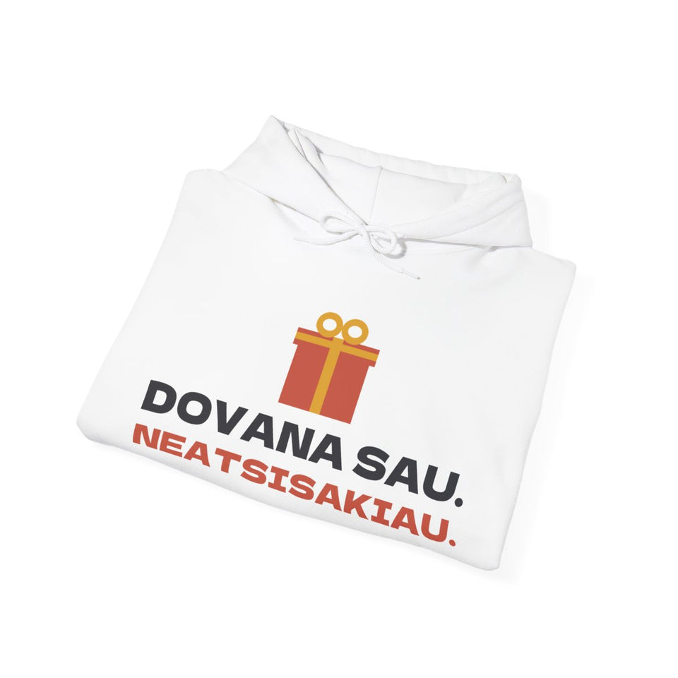 Dovana sau. Neatsisakiau. – džemperis su gobtuvu, balta spalva, sulankstytas