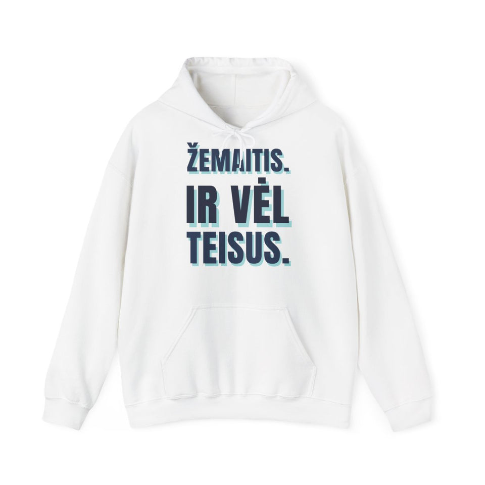 Džemperis su gobtuvu „Žemaitis. Ir vėl teisus.“ – balta