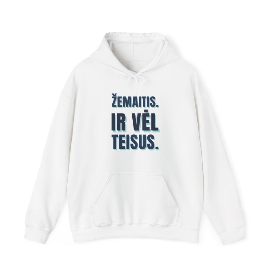 Džemperis su gobtuvu „Žemaitis. Ir vėl teisus.“ – balta