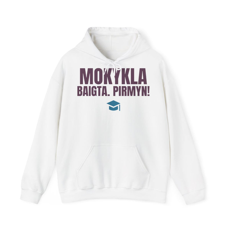 Mokykla baigta. Pirmyn! — Džemperis su gobtuvu, spaudos pusė