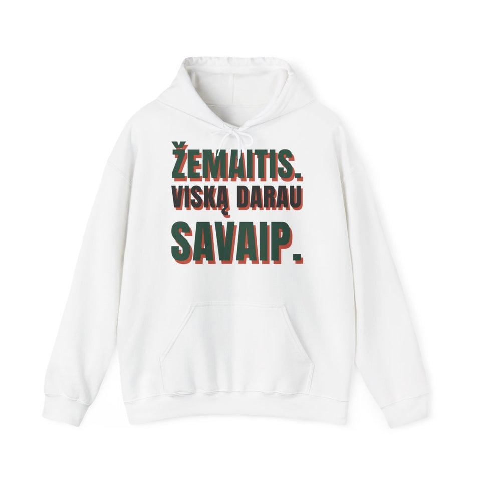 Džemperis su gobtuvu „Žemaitis. Viską darau savaip.“ – balta