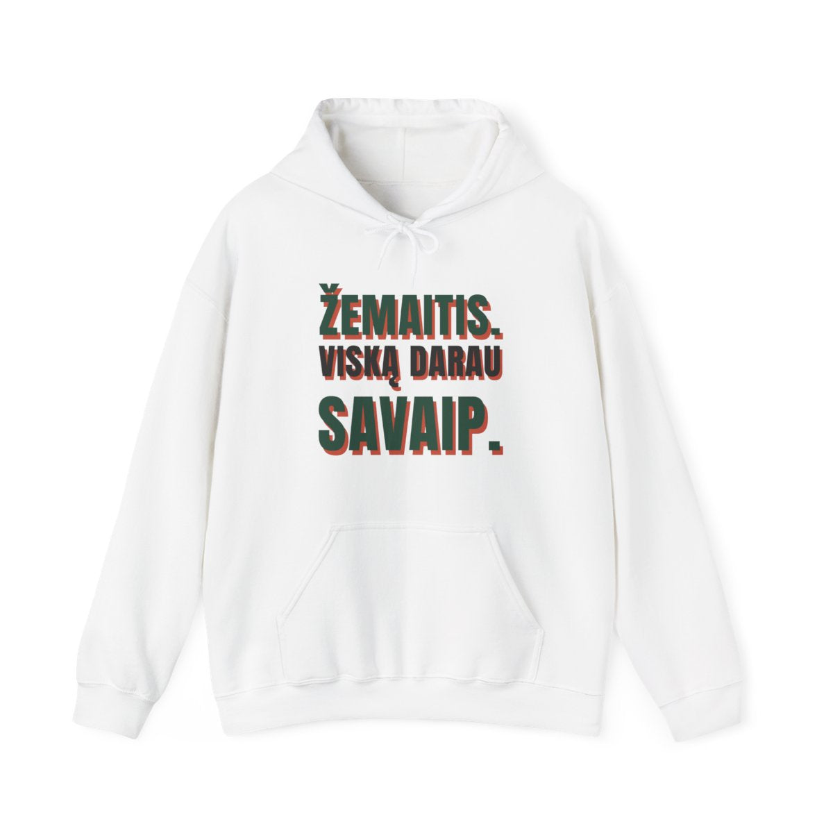 Džemperis su gobtuvu „Žemaitis. Viską darau savaip.“ – balta