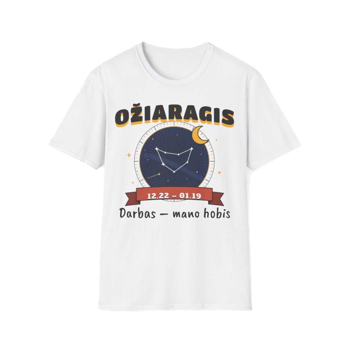 Marškinėliai „Ožiaragis: Darbas – mano hobis“ – balta