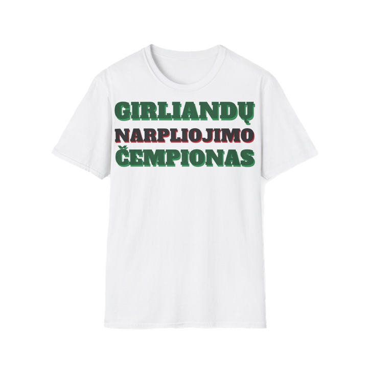 Marškinėliai „Girliandų narpliojimo čempionas“ – balta