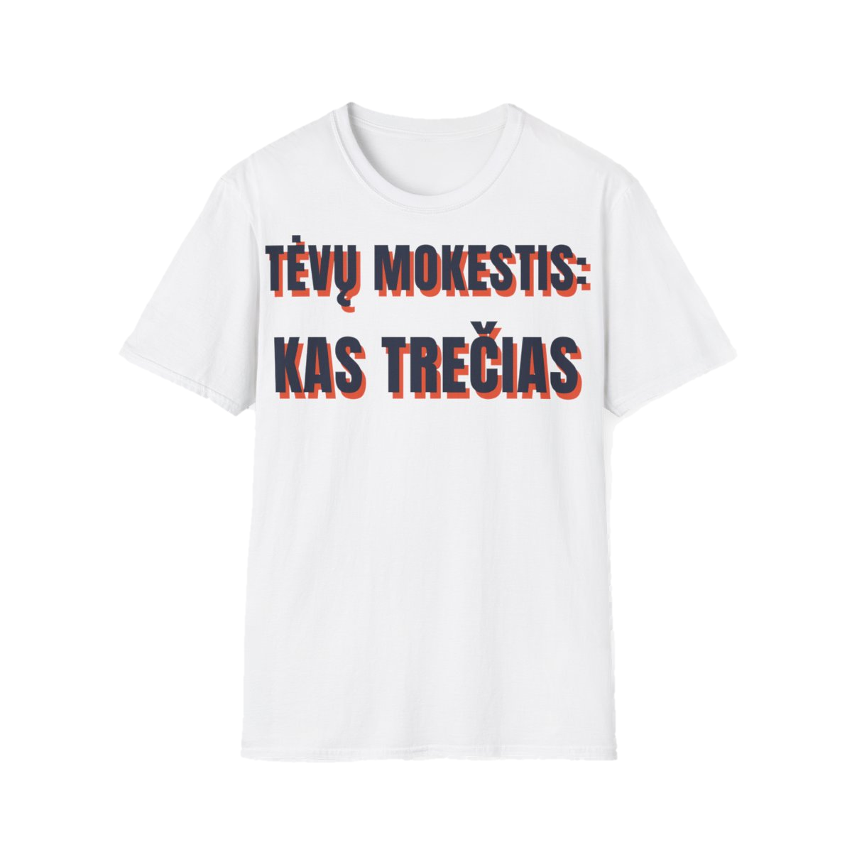 Marškinėliai „Tėvų mokestis: kas trečias“ – balta
