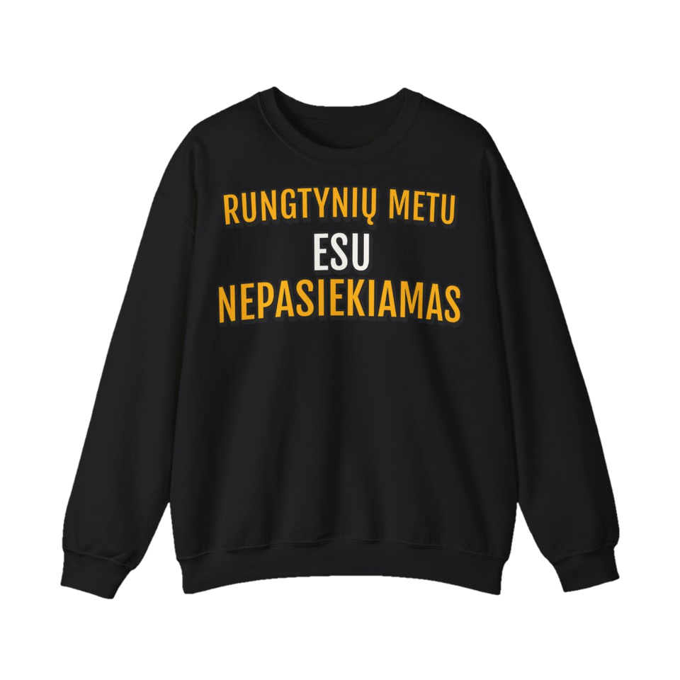 Džemperis „Rungtynių metu esu nepasiekiamas“ – juoda