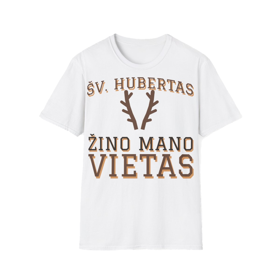 Marškinėliai „Šv. Hubertas žino mano vietas“ – balta