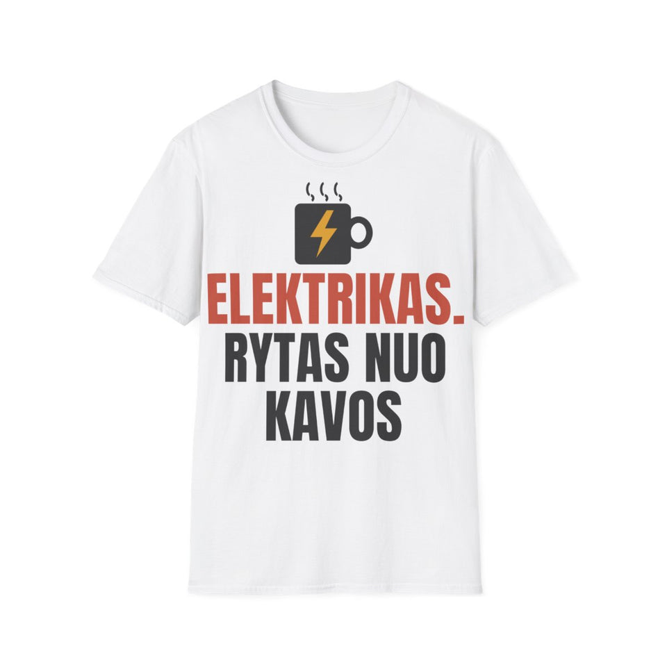 Elektrikas. Rytas nuo kavos – marškinėliai, balta spalva, priekis