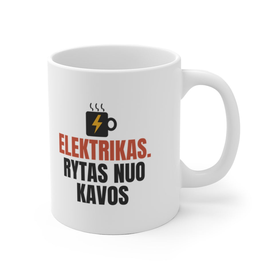 Elektrikas. Rytas nuo kavos – puodelis, šonas su užrašu