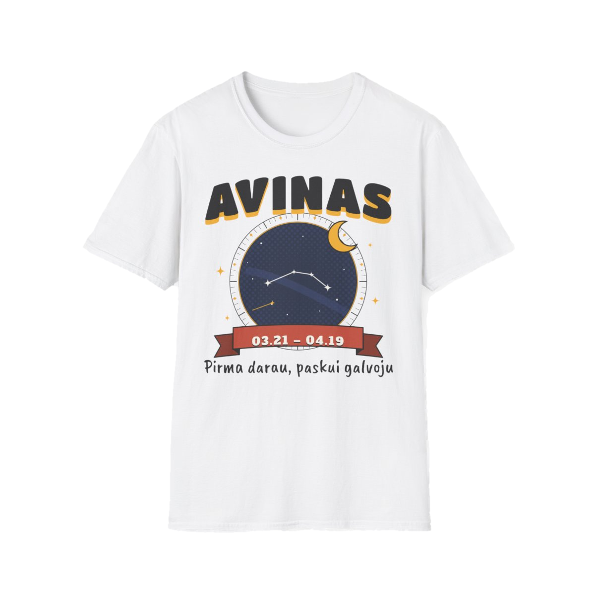 Marškinėliai „Avinas: Pirma darau, paskui galvoju“ – balta