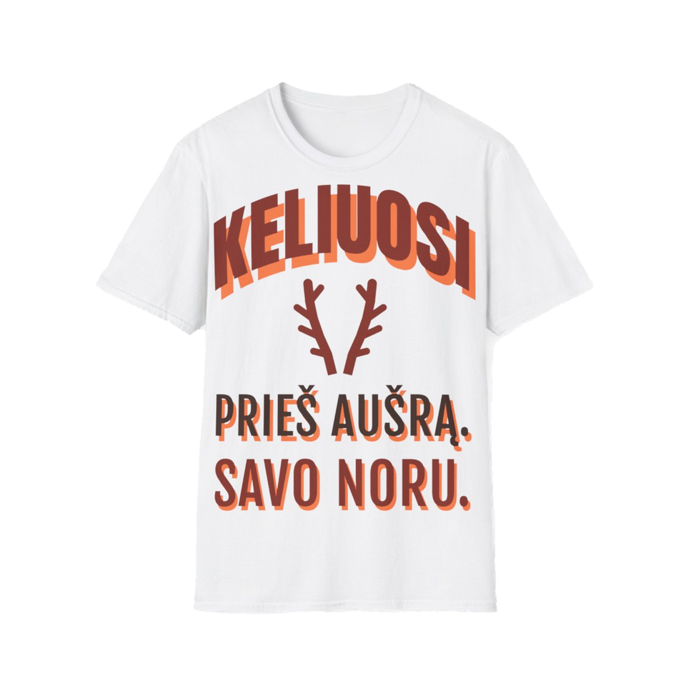 Marškinėliai „Keliuosi prieš aušrą. Savo noru.“ – balta