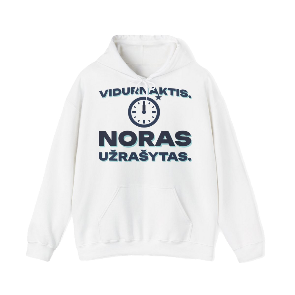 Džemperis su gobtuvu „Vidurnaktis. Noras užrašytas.“ – balta
