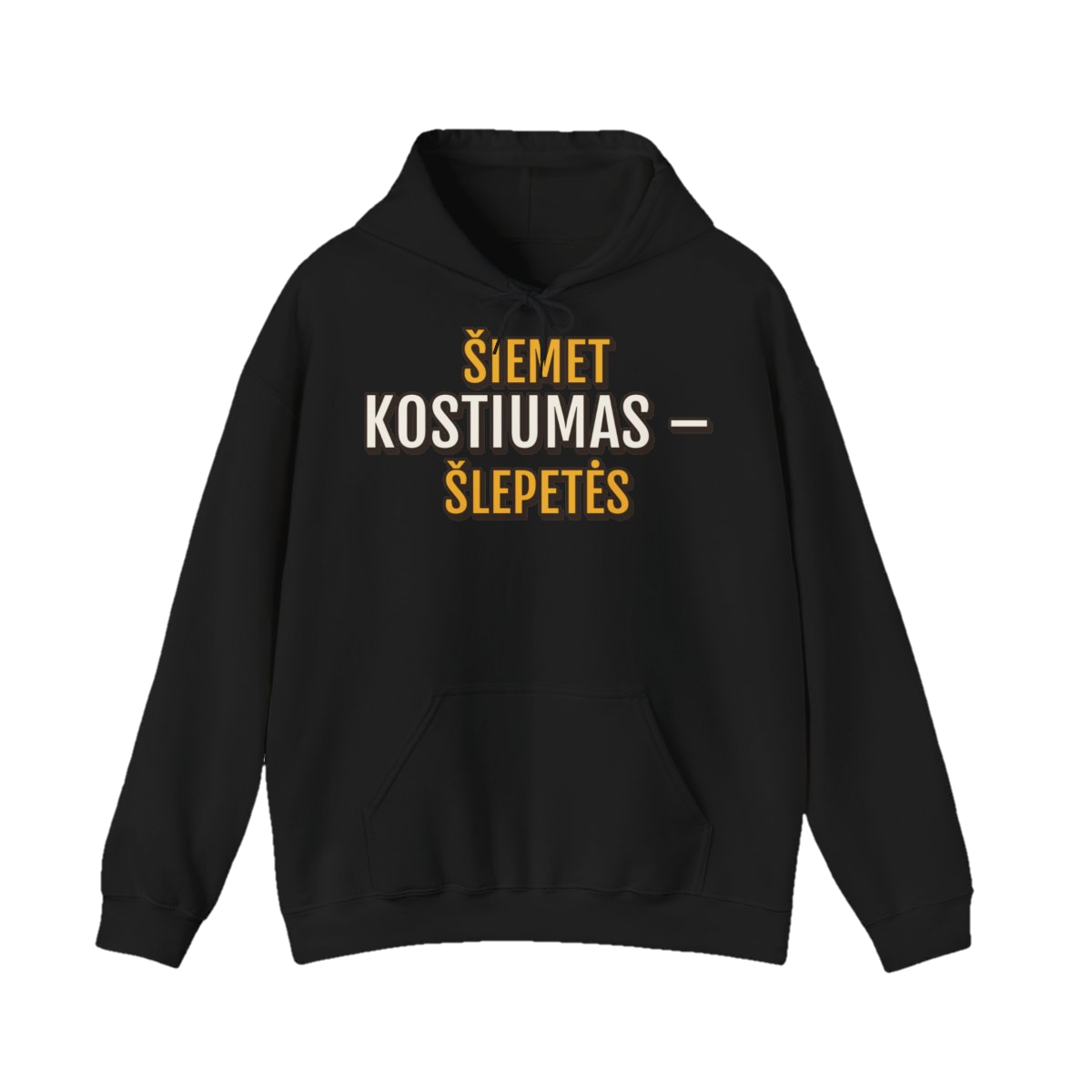 Džemperis su gobtuvu „Šiemet kostiumas – šlepetės“ – juoda