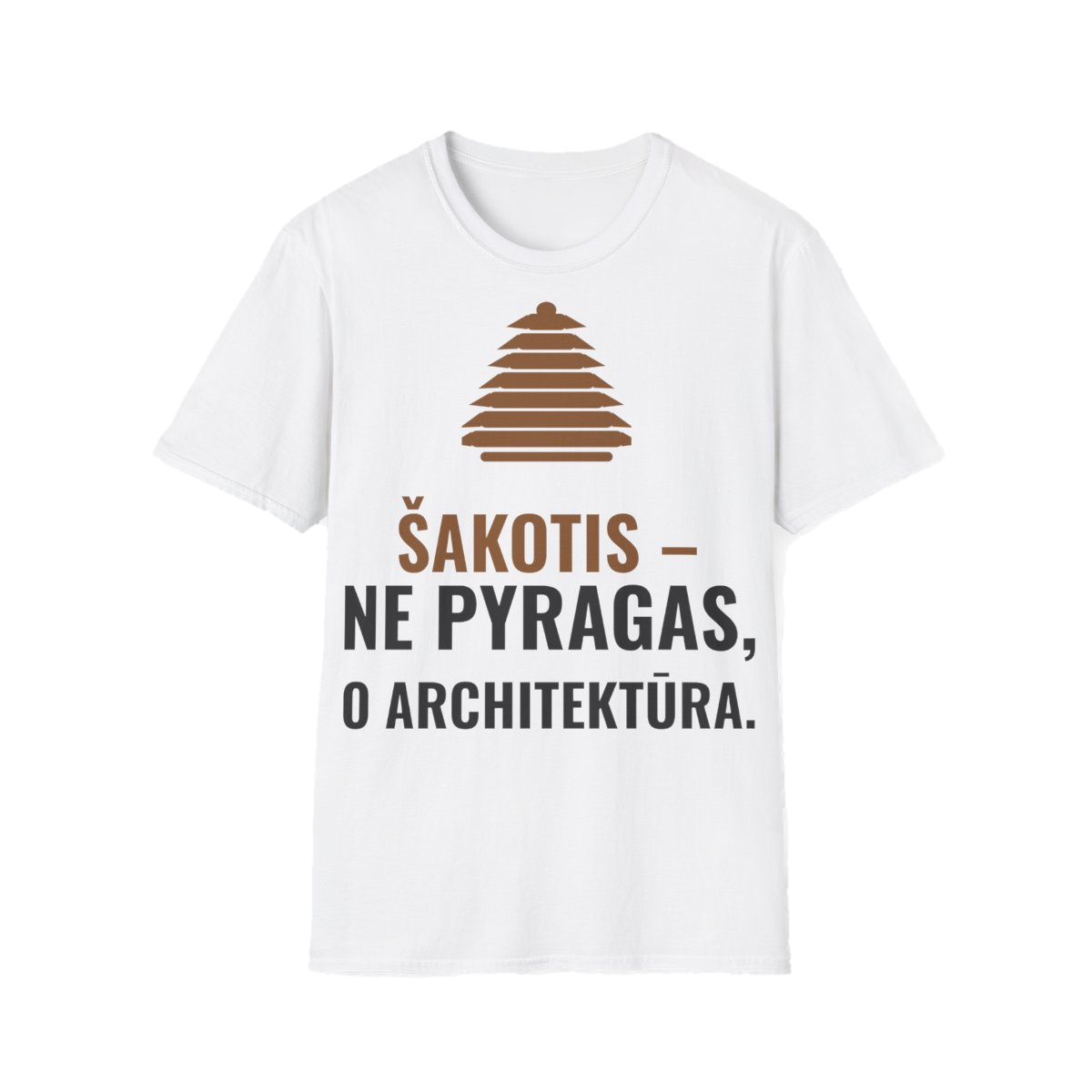 Marškinėliai „Šakotis – ne pyragas, o architektūra“ – balta
