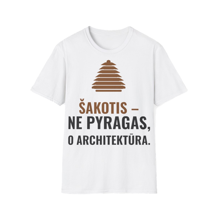 Marškinėliai „Šakotis – ne pyragas, o architektūra“ – balta