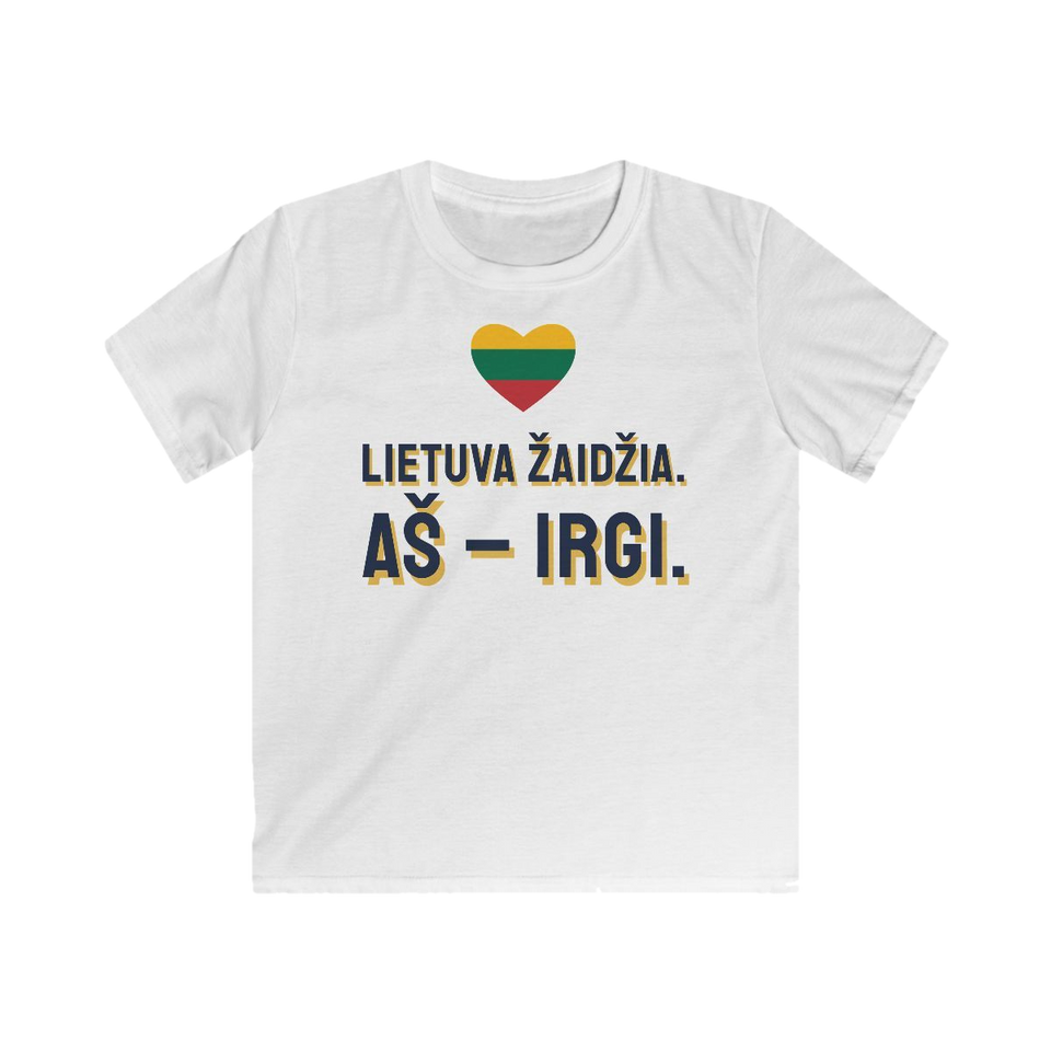Lietuva žaidžia. Aš – irgi. (vaikiški) – Vaikiški marškinėliai „Lietuva žaidžia. Aš – irgi.“ – balta