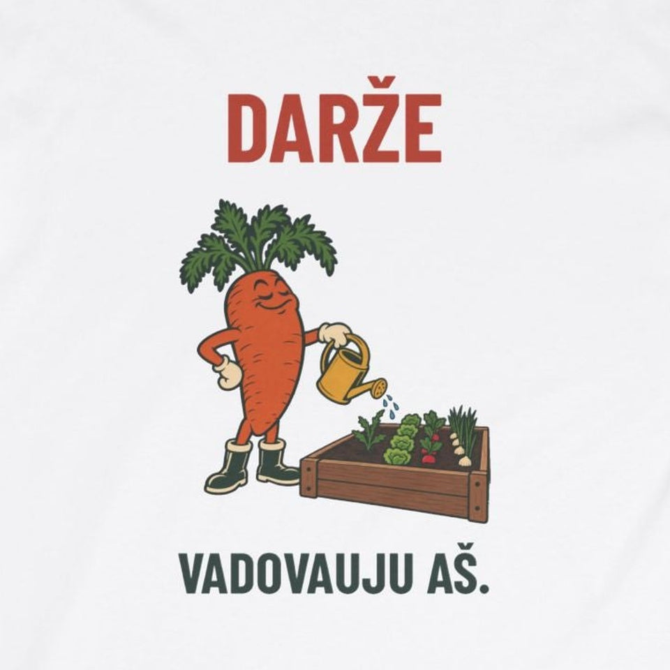 Ilgarankoviai marškinėliai „Darže vadovauju aš“ – užrašas iš arti