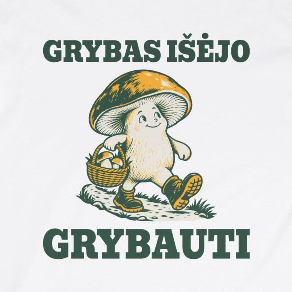 Ilgarankoviai marškinėliai „Grybas išėjo grybauti“ – užrašas iš arti