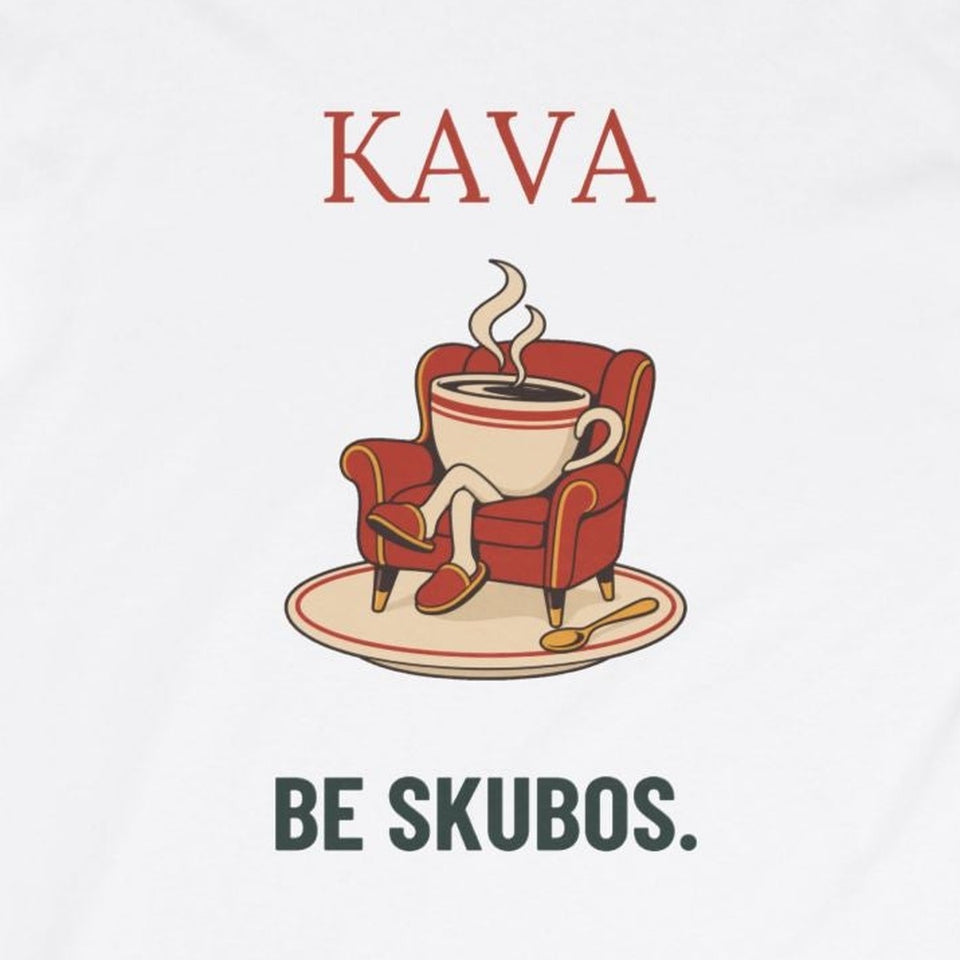 Ilgarankoviai marškinėliai „Kava be skubos“ – užrašas iš arti