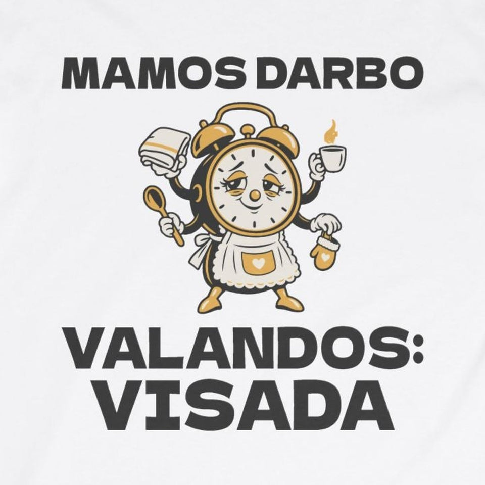 Ilgarankoviai marškinėliai „Mamos darbo valandos: visada“ – užrašas iš arti