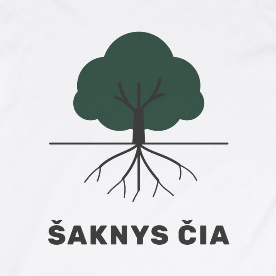 Ilgarankoviai marškinėliai „Šaknys čia“ – užrašas iš arti