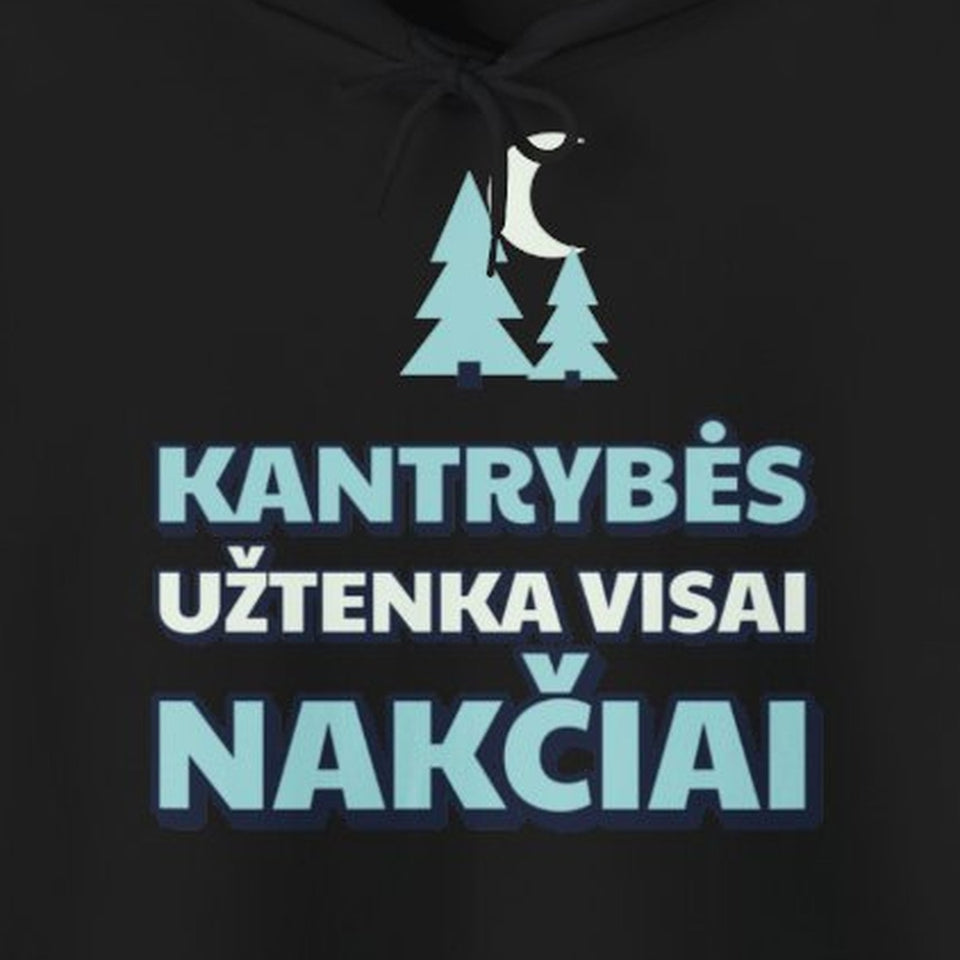 Džemperis su gobtuvu „Kantrybės užtenka visai nakčiai“ – užrašo artimas planas