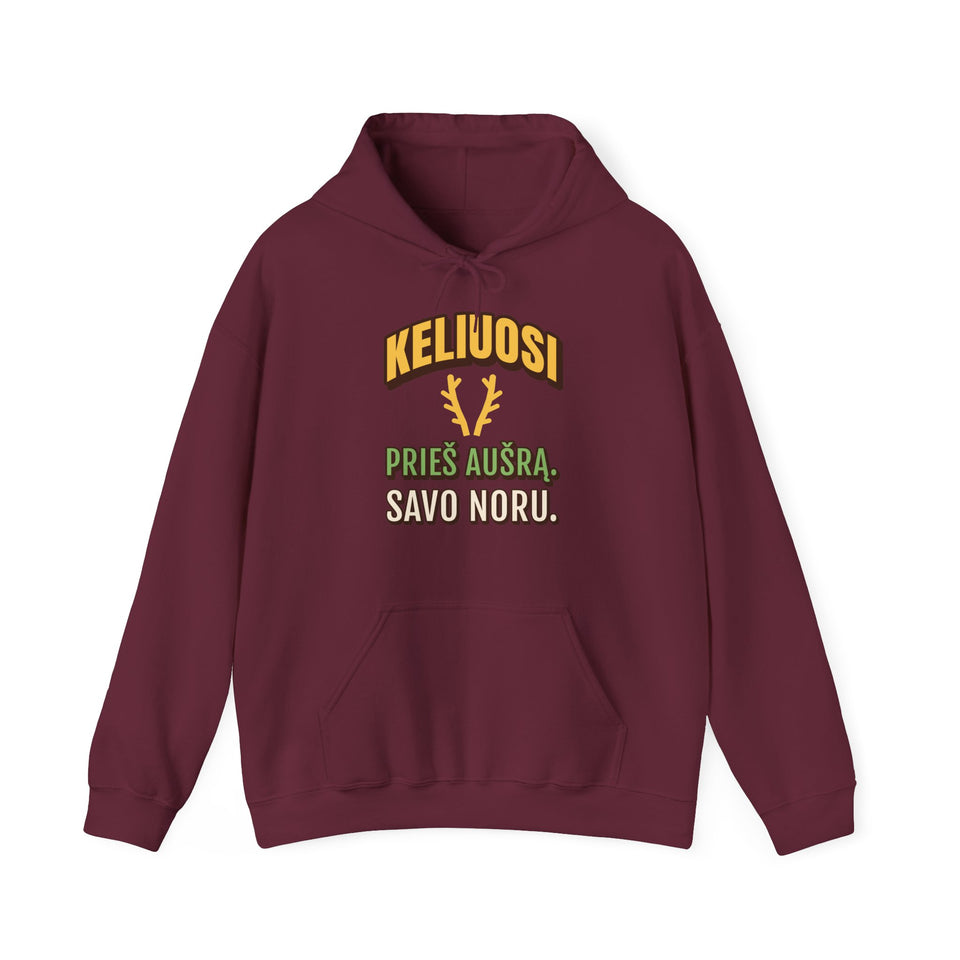 Džemperis su gobtuvu „Keliuosi prieš aušrą. Savo noru.“