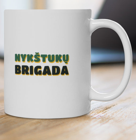 Nykštukų brigada — puodelis, spaudos pusė iš arti