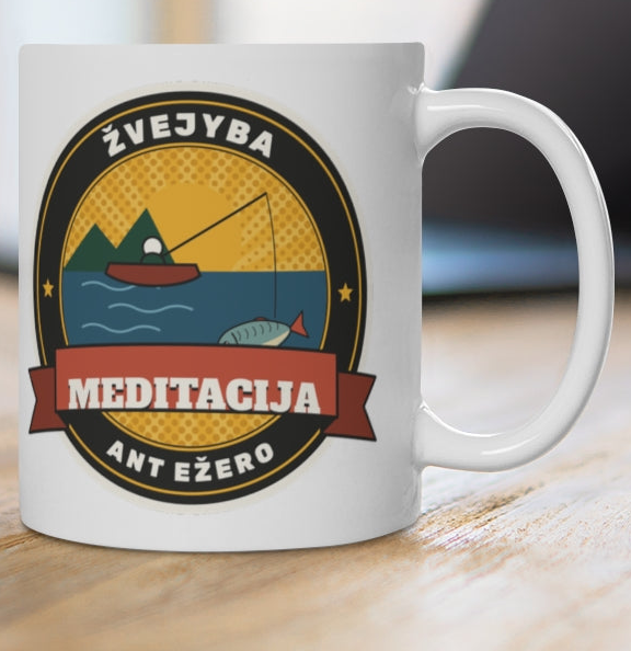 Žvejyba – mano meditacija — puodelis, spaudos pusė iš arti