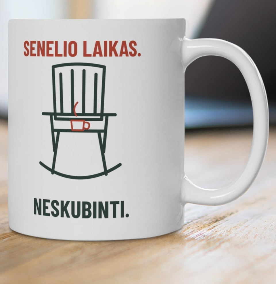 Senelio laikas. Neskubinti — puodelis, spaudos pusė iš arti