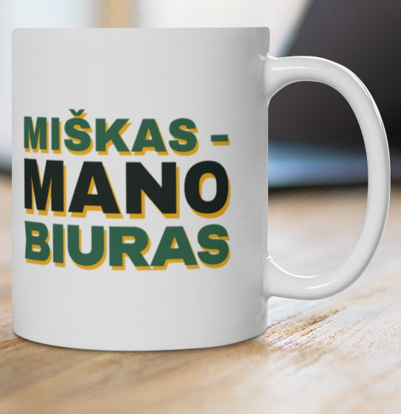 Miškas – mano biuras — puodelis, spaudos pusė iš arti