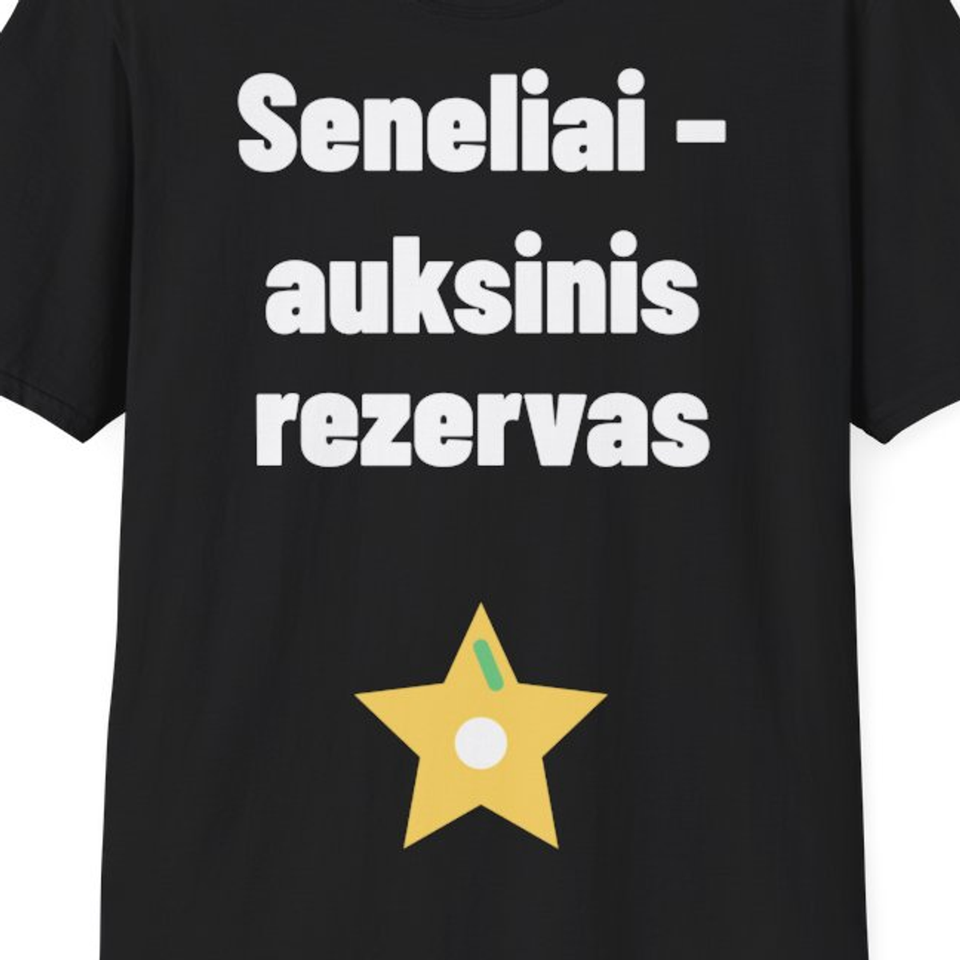 Seneliai – auksinis rezervas — Marškinėliai, artimas spaudos vaizdas
