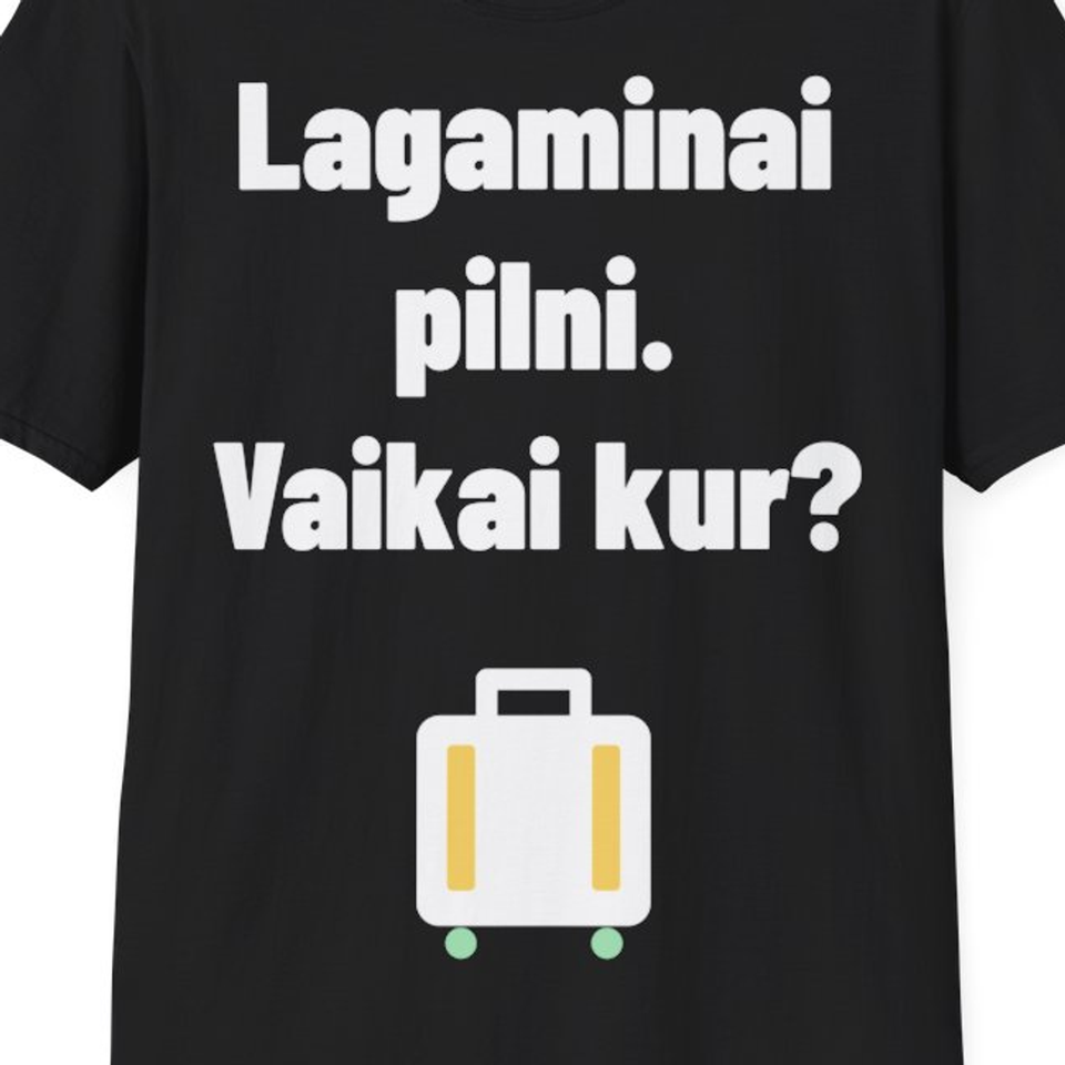 Lagaminai pilni. Vaikai kur? — Marškinėliai, artimas spaudos vaizdas