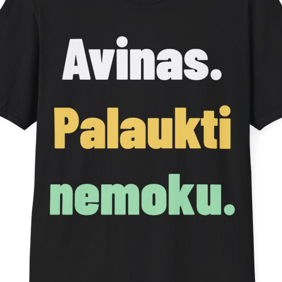 Avinas. Palaukti nemoku. — Marškinėliai, artimas spaudos vaizdas