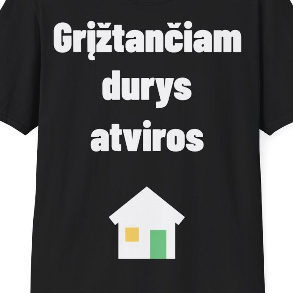 Grįžtančiam durys atviros — Marškinėliai, artimas spaudos vaizdas