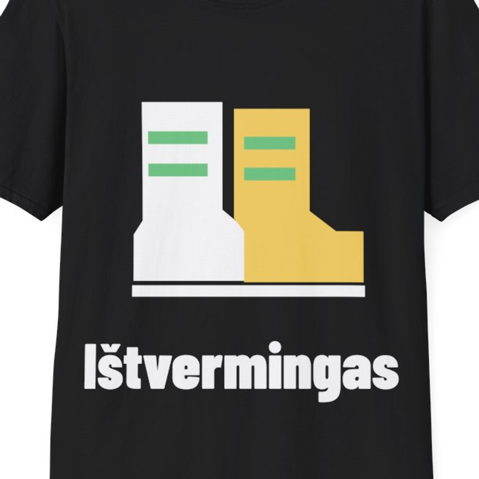 Ištvermingas — Marškinėliai, artimas spaudos vaizdas