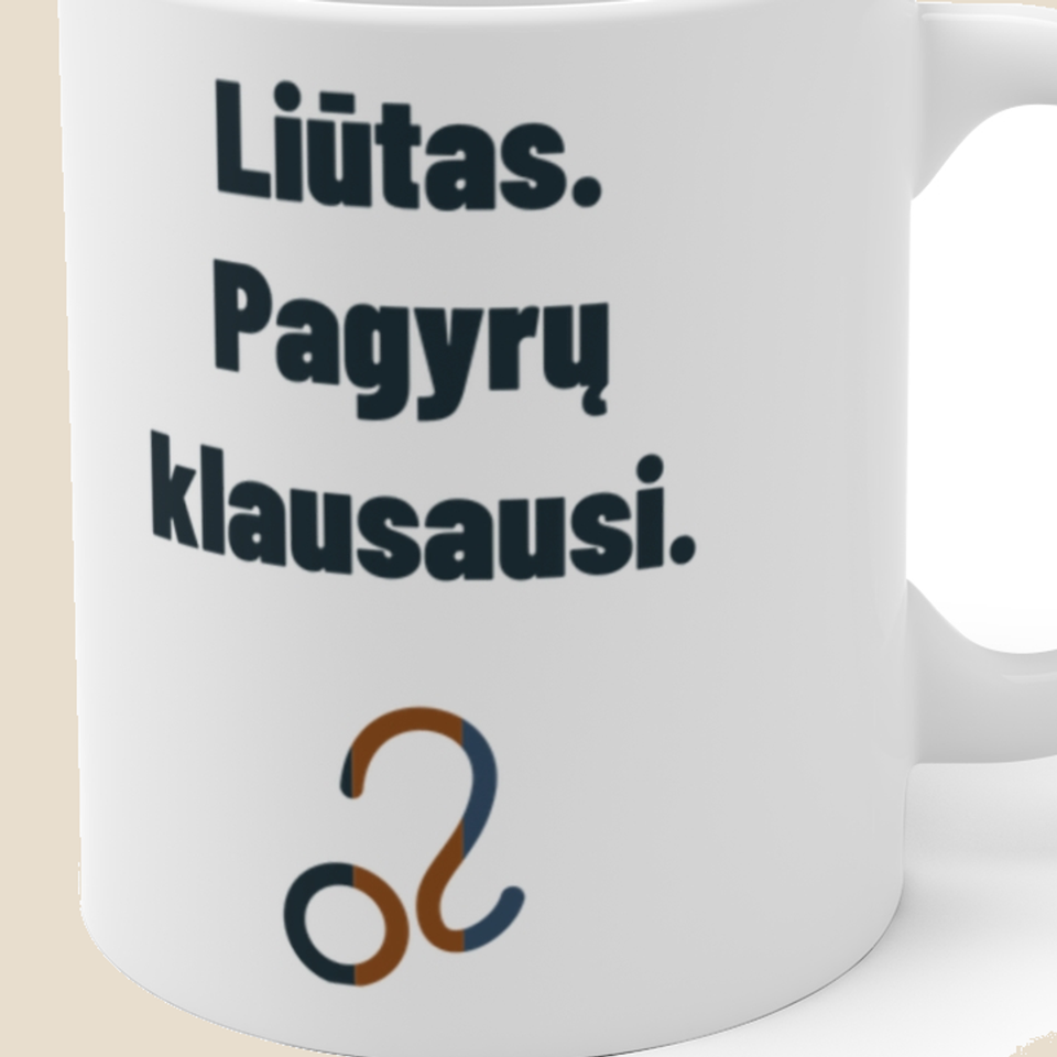 Liūtas. Pagyrų klausausi. — Puodelis, artimas spaudos vaizdas