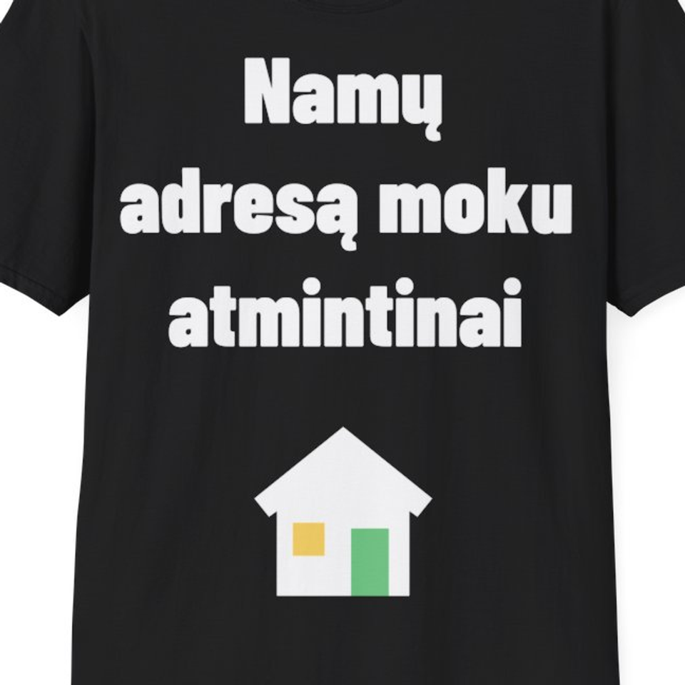 Namų adresą moku atmintinai — Marškinėliai, artimas spaudos vaizdas