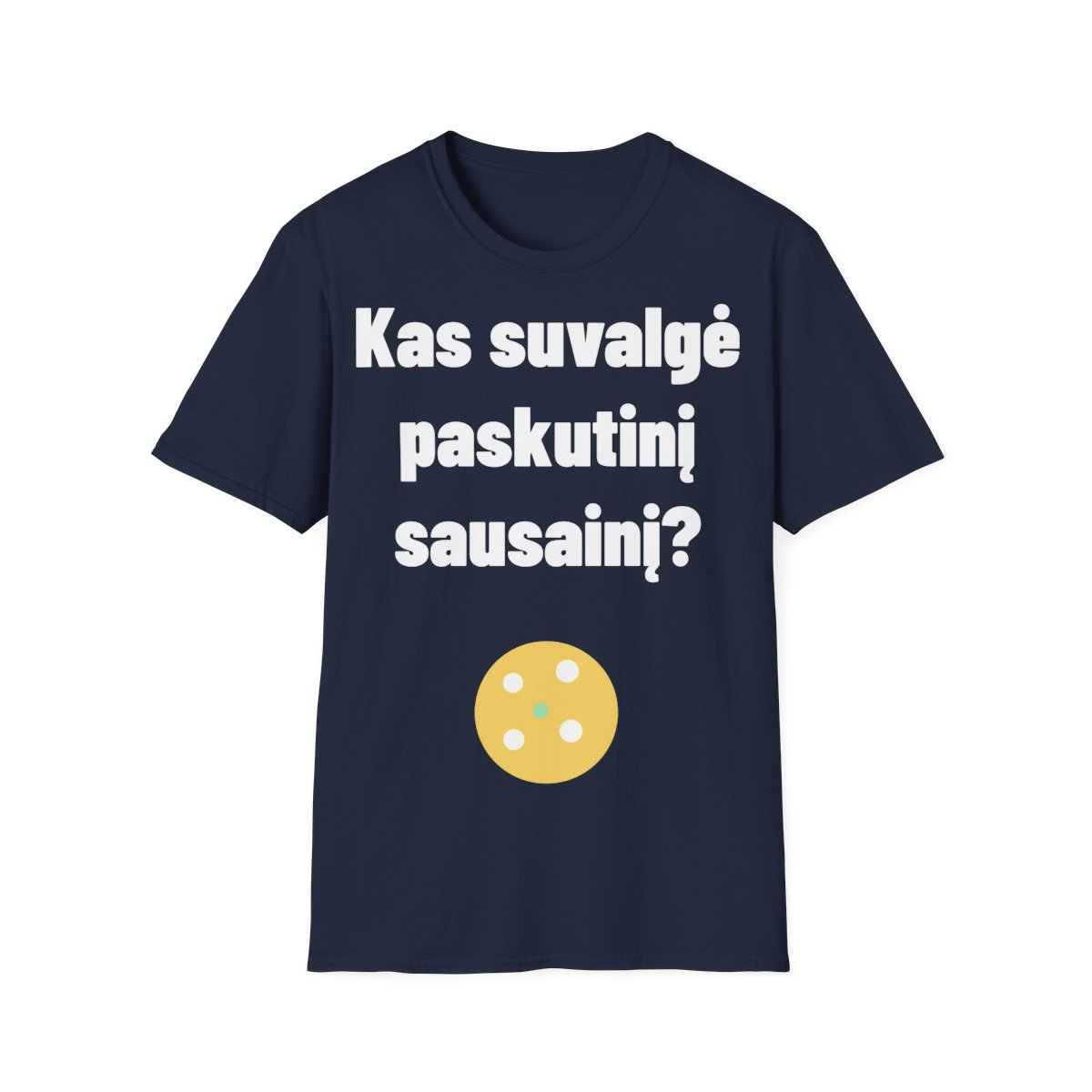 Kas suvalgė paskutinį sausainį? — Marškinėliai, artimas spaudos vaizdas