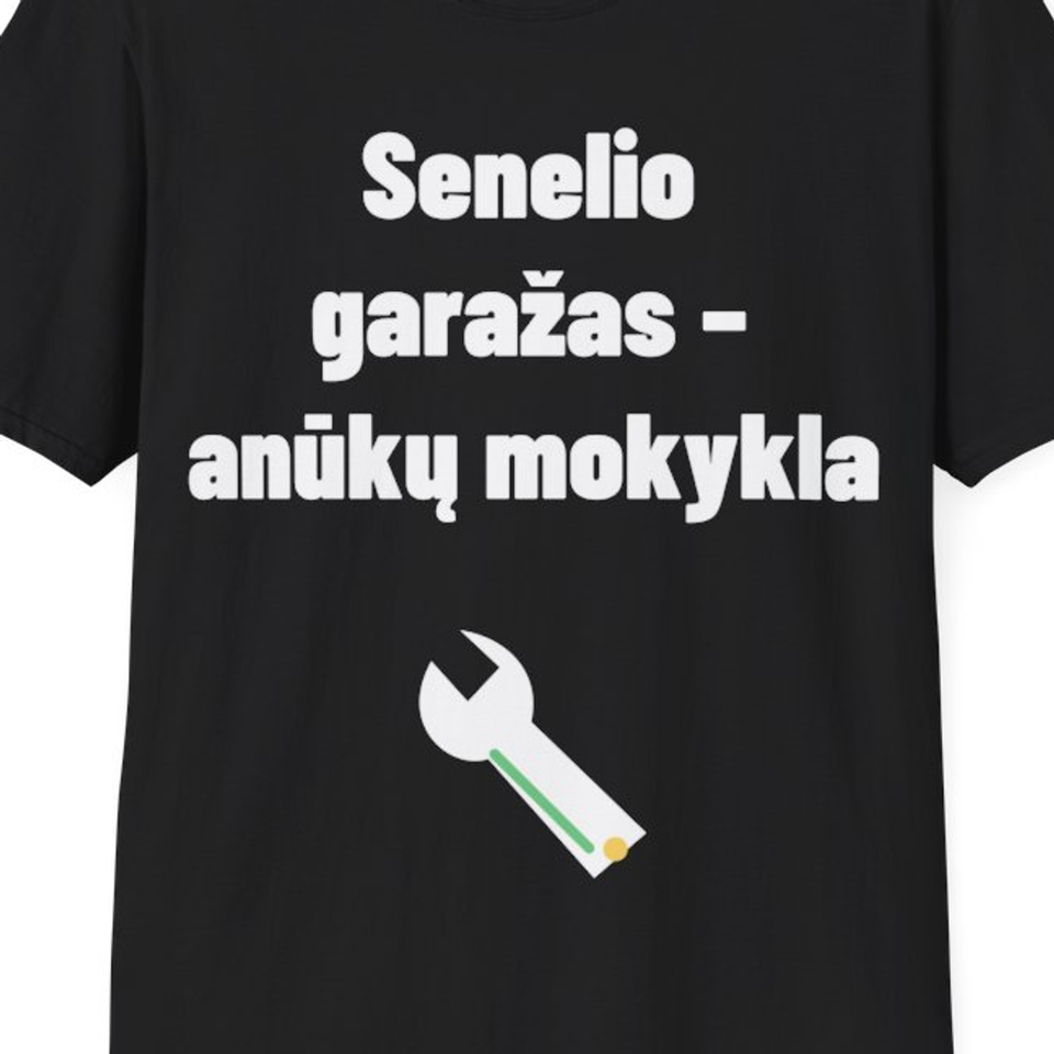 Senelio garažas – anūkų mokykla — Marškinėliai, artimas spaudos vaizdas